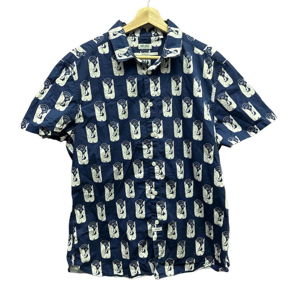Kenzo Short-Sleeve Slim Graphic Button-Front Shirt in Blue